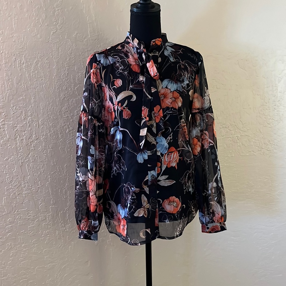 Who What‎ Wear Black Floral Sheer Tie-Neck Blouse